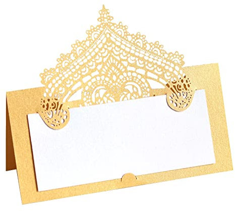 Slakerbe 50 Blatt Tischkarte, 3D Spitze Tischkarten Laser Schnitt Hohle Platzkarte Perlglanzpapier Blanko Namenskarten Tischdeko für Hochzeit Geburtstag Party Taufe Feste, Gold