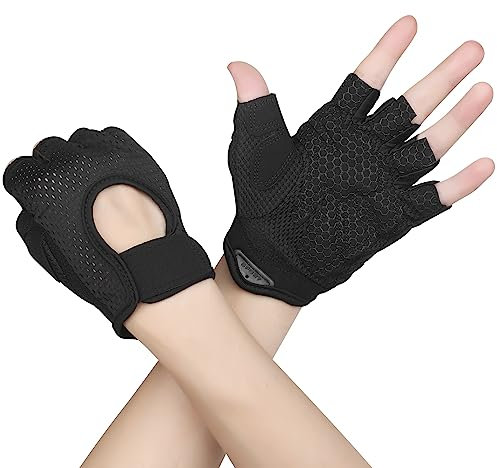Fitness Handschuhe Damen Herren Trainingshandschuhe 2 Stück Anti Rutsch Silikon Atmungsaktive Sporthandschuhe für Gewichtheben Krafttraining, Handflächenschutz, Radfahren, Bewegung (Schwarz, L)