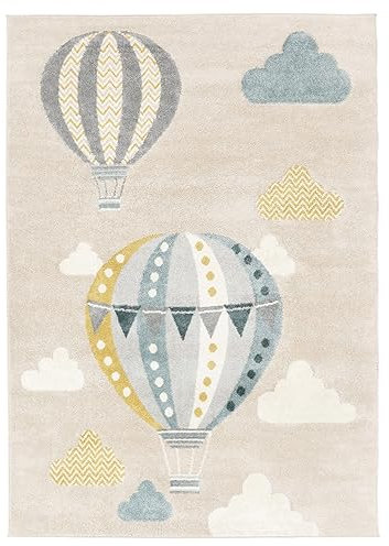RugVista, Balloon Ride, Kinderzimmer Teppich, 160 x 230 cm, Kinderteppich für Kinder, Spielteppich für Babys, Modernes Design, Kurzflor, Keine schädlichen Stoffe, Beige/Blau