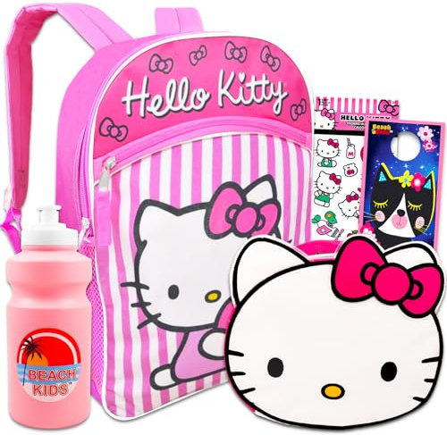 Hello Kitty Juego de mochila y lonchera para niñas, paquete con mochila Hello Kitty de 16 pulgadas, bolsa de almuerzo, botella de agua, calcomanías, más | Mochila escolar Hello Kitty para niñas