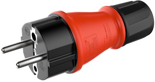 RedStar24 Schuko Stecker 230V IP54 - Robuster Schutzkontaktstecker aus Gummi & Kunststoff, Schwarz Rot | Hermetisch Versiegeltes Design | Perfekt für den Außenbereich | 3-Poliger Stromstecker