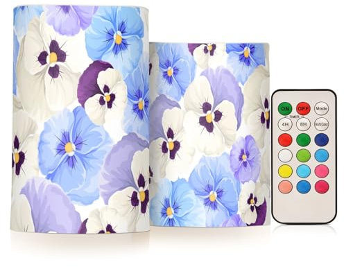 Mnsruu Blue Pansy Flowers Flameless Pillar Candles, Led Flameless Candles with Remote Timer, Battery Operated LED Tealight Candles Color Changing for Home Decoration Gifts