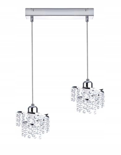 Moderne Kristall Deckenleuchte E27 Flur Hängelampe mit Chrom Metall 2-Flammig Lampenschirm Rund Kronleuchter verchromte Pendellampe Flurlampe für Korridor Foyer Treppenraum Umkleideraum (PE-H2)