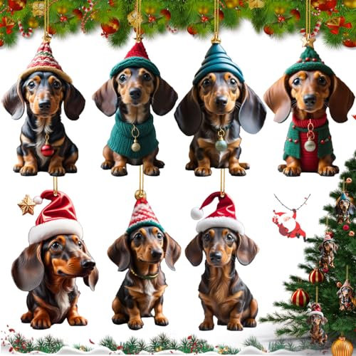 LGZIN Adornos para Árbol de Navidad, 7 Piezas 2D Adorno de Navidad de Perro Salchicha, Colgante de Árbol de Navidad para Perro, Divertidos Acrylic Colgantes para Regalos Navideños