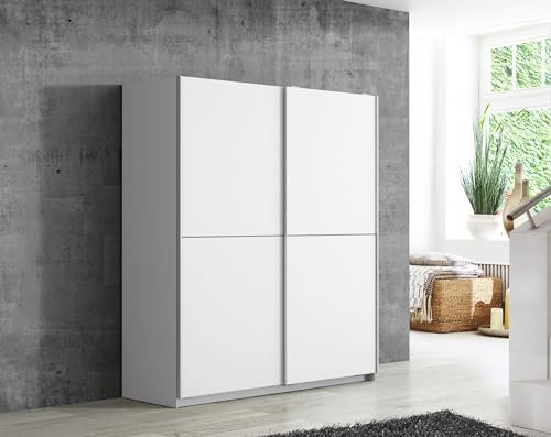 Forte Winn Möbel-Set, Moderner Kleiderschrank + Einlegeböden + Schubladenkommode + Türstopper, Holzwerkstoff, Weiß, 170,3 cm breit x 190,5 cm hoch x 61,2 cm tief