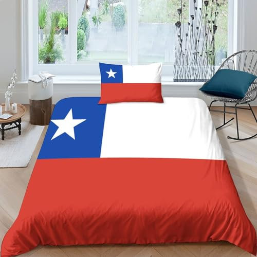 AAHARYA Flaggege von Chile 3D Nationale Flaggege Bettwäsche Sets Bettbezug Blatt Kissenbezüge Microfaser,für Erwachsene Kinder Single（135x200cm）