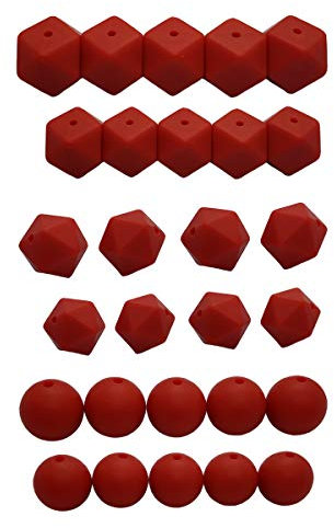 Alenybeby Lot de 50 perles rondes en silicone rouge écarlate de 14 mm, 17 mm, perles icosaèdres hexagonales en silicone de 12 mm, 15 mm pour porte-clés, maman, loisirs créatifs, colliers, bijoux