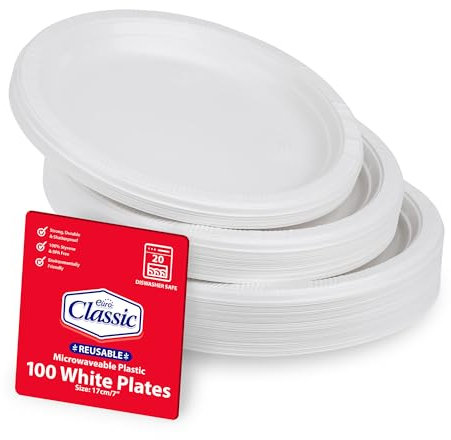 Essential Housewares | 100 White Plastic Plates | 7inch | 18cm | Heavy Duty