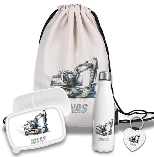 timalo Kinder Schulset Brotdose, Trinkflasche, Turnbeutel personalisiert mit Namen | Set Wasserflasche Edelstahl | Lunchbox mit Trennwand | Geschenk zur Einschulung & Kindergarten | 22 - Bagger