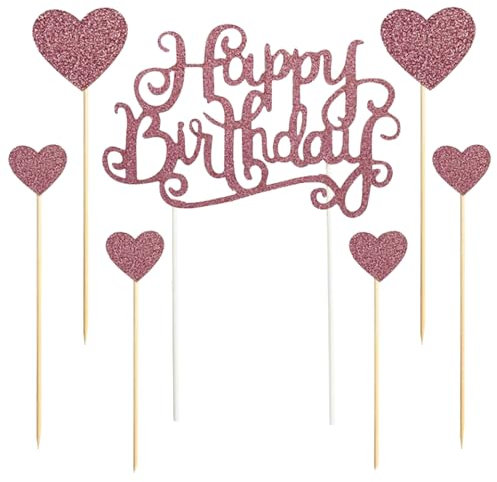 7 Pcs Happy Birthday Cake Toppers Set,Rose Gold Glitter Letters Happy Birthday Heart Shape Cake Topper,Party Decor Decorations