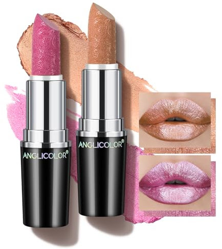Anglicolor Glitzer Lippenstift Metallic Glänzend Glossy, Shimmer Lipstick Seidig Velvet Langanhaltend Feuchtigkeitsspendende, Vegan Lipgloss Damen Mädchen Make-up (10+15,8g)