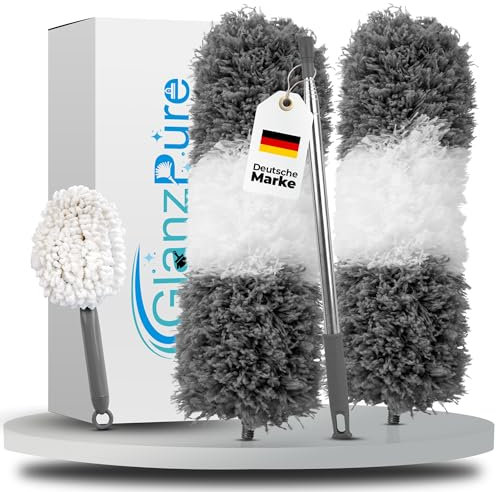 GlanzPure Staubwedel Teleskop-lang ausziehbar bis 2,5m und waschbar,biegbarer und kratzfreier Staubwischer mit Teleskopstange,Spinnenwebenentferner für hohe Decken,Mikrofasern Staubmagnet