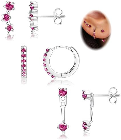 Morfetto 3paar Ohrringe Silber 925 Set für Damen Ohrstecker Creolen Silber 925 Hypoallergen Ohrringe Klein Piercing Ohr Gold Ohrstecker Creolen Helix Piercing Set Rosa CZ