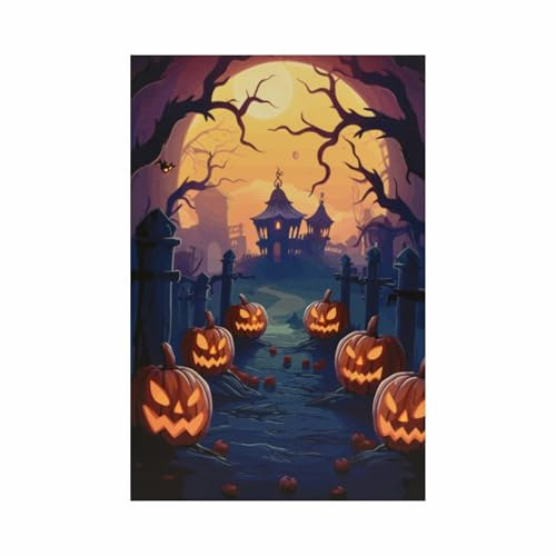 Nexos Trading LED Wandbild Beleuchtung 60,5 x 40 cm Kürbisfriedhof, 9LED Fotodruck Kunstdruck Leuchtbild Halloween Batterie Timer LED Mitternacht