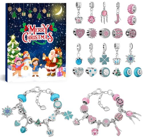 Schmuck Adventskalender 2024, Adventskalender Armband 24 Tage Weihnachts Countdown Adventskalender 2024 Mädchen Weihnachtsthema DIY Armband Bastelset 22 Perlen 2 Armbänder für Mädchen