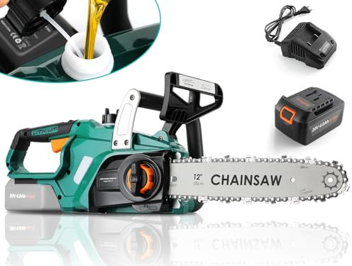 12 Pollici Motosega a Batteria con Li-Ion 20V Batteria,4000 mAh Motosega Elettrica Lunghezza di Taglio 30,5 cm,Sega Elettrica con Catene/Barre Guida/Caricabatterie,Motore Brushless,per Tagliare Legna