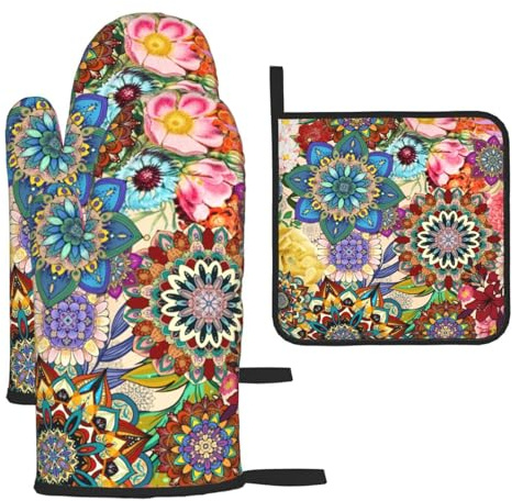 Boho Floral Oven Mitts and Pot Holders Sets of 3 Heat Resistant Non Slip Colorful Flowers Kitchen Gloves Hot Pads for Cooking BBQ Grilling Baking