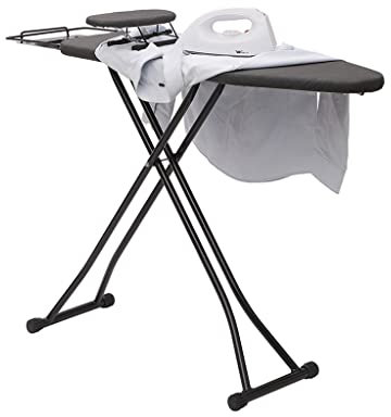 SHOUKAII Black Folding Ironing Board Set Standing Metal Ironing Board, Height Adjustable in 6 Levels Up to 78.5 cm, Removable Cotton Mat