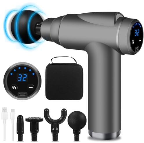 BUOAZR Pistolet de Massage Musculaire, Mini Massage Gun avec 32 Niveaux Réglables 3500RPM et 4 Têtes et l'Écran LCD, Léger et Portable, pour Soulager Douleurs et Raideurs Musculaires (Gris)