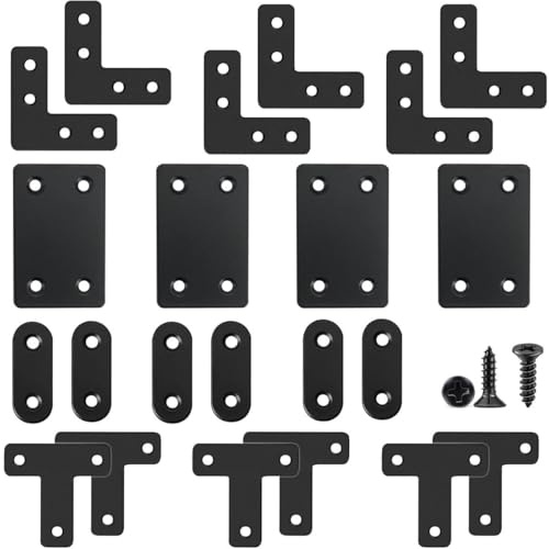 PERSENTU Small Shelf Brackets,22Pcs L Metal Plate Brackets,Metal Joining Plates for Wood,Right Angle 90 Degree Bracket Metals Bracket for Wood,Metals for Fixing with 70 Screws（4 Styles, Black）