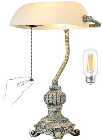 Newrays Lampe de bureau des banquiers en verre blanc,ampoule LED incluse | bibliothèque,bureau à domicile avec interrupteur à chaîne