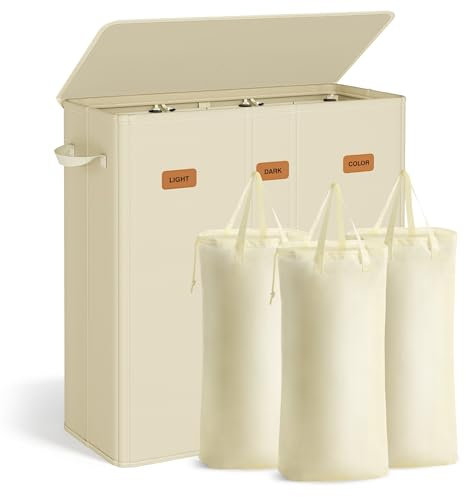 SONGMICS Wäschekorb mit 3 Fächern, 160 L, mit Deckel, 5 Etiketten, herausnehmbarer und waschbarer Innensack, Waschküche Schlafzimmer, cremeweiß RLH013W01