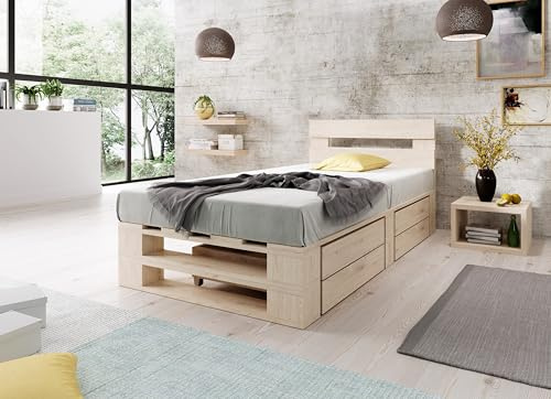 Lermowood Palettenbett M2 aus Holz 90 x 200 cm Natur mit Kopfteil und 2 Bettkästen Holzbett 30cm Stabiles Seniorenbett Kinderbett Jugendbett Gästebett erhöhtes Bettgestell Futon Komforthöhe Naturholz