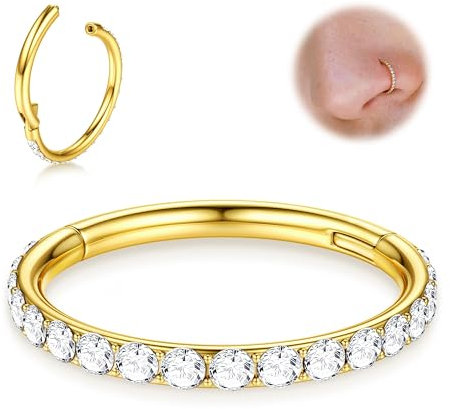 BodyBonita G23 Titanium CZ Nose Ring - 14k Gold Plated 18G Septum Rings Nose Hoop Clicker Cartilage Earring for Women Helix Rook Tragus Conch Piercing Jewellery Lobe Daith Snug Ring 6 mm