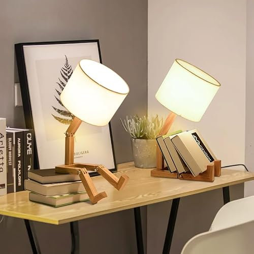 Tischlampe Holz Roboter Led Nachttischlampe 2er Set,Kinder Tischleuchte mit Kabel für Studie mit Körper Einstellbar,Kreative Nachtischlampe Nachtlampe,Dekorative Schlafzimmer Innenbeleuchtung
