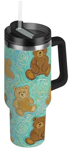 Green Bear Art Painting Vacuum Reusable Water Bottle With Straw with Straw Leak Resistant Flip Decorative Stainless Steel Mug for School, Sports, Daycare, Camp & More baso termico para cafe