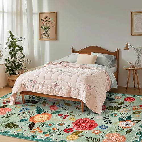 Puremy Groß Vintage Blumenmuster Niedriger Flor Teppich, 200x280cm, Grün | Waschbarer Wohnzimmerteppich, Rutschfest,Teppiche für Wohnzimmer Schlafzimmer Bauernhaus Esszimmer und Kinderzimer