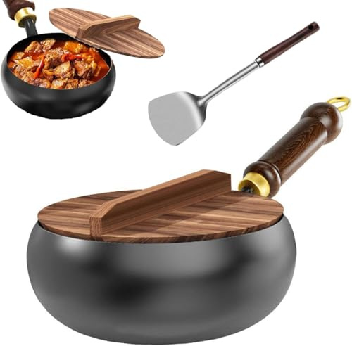 Generisch Handgeschmiedeter japanischer Eisenwok mit Holzdeckel – Natürlicher Antihaft-Gusseisen-Wok – Unbeschichteter Edelstahl-Wok – Induktions-, Gas- & Elektroherd kompatibel,30cm