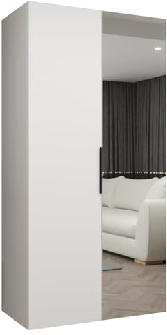 MEBLE KRYSPOL - Kleiderschrank mit Spiegel - Drehtürenschrank - Schrank 100x202x52cm - Garderobenschrank Schlafzimmer, Flur, Jugendzimmer - Farbe Weiß, Griff Schwarz - Marbella 2 100
