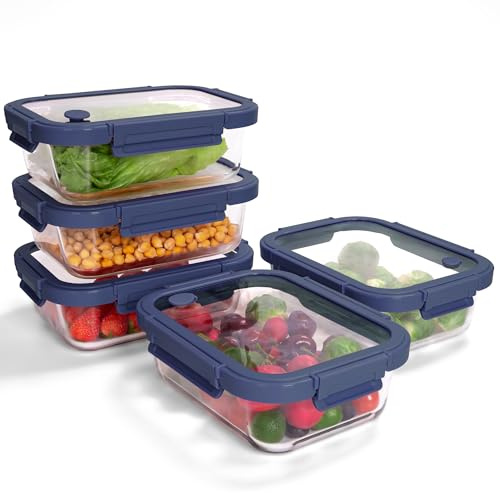 BOROHOUSE 35.2oz Glass Meal Prep Containers with Snap Lock Lids (5-Pack) - Freezer to Oven Safe, BPA-Free, Stackable, Vent Valve for Easy Open, Borosilicate Glass Baking Dish(Blue)