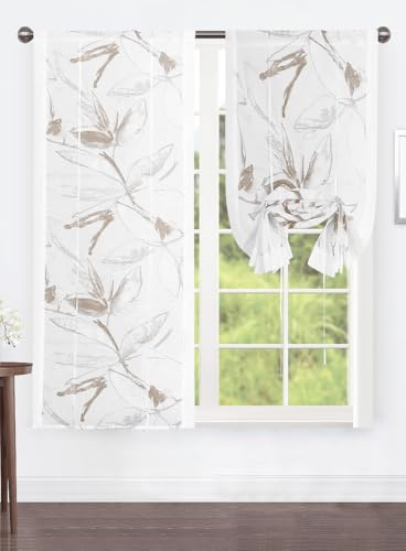 Home Zen Art Era Lot de 2 rideaux transparents, motif floral, 60 x 150 cm et 60 x 240 cm, avec passants, rideaux romains (beige, 60 x 240 cm)