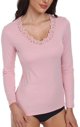 EVELIFE Hauts à manches longues pour femme en coton T-shirts à col carré doux extensibles décontractés Chemise essentielle à superposer pour sortir, rose, S