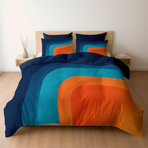Bettwäsche 180 x 200 cm Mikrofaser Bettbezug, Retro Orange Blau Geometrisch Wende-Bettwäsche-Set, Bettbezug und 2 x Kissenbezüge Atmungsaktiv Maschinenwaschbar, Marineblau