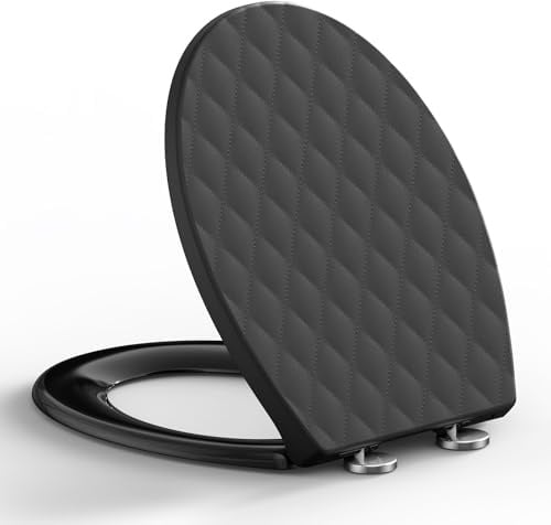 SREWOHS PRO WC Sitz Toilettendeckel mit Absenkautomatik Oval, Toilettendeckel mit Rauten, Klobrille mit Schnellverschluss, Klodeckel Einfach zu Reinigen, Toilettensitz Softclose Schwarz, 44,6 x 37,1CM