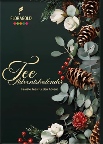 Tee Adventskalender 2025 Floragold Booklet zum Aufklappen 24 Premium Pyramiden-Teebeuteln | 2 x 12 verschiedene Sorten – Früchte-, Grün-, Kräuter- & Schwarztee
