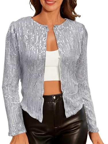 Pailletten Jacke Damen Bolero Silber Glitzer Jacke Festliche Kurze Strickjacke Langarm Offene Vorne Cardigan Leicht Elegant Glänzend Bolerojacke Karneval Party Hochzeit Paillettenjacke für Damen