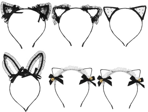 Veemoon 6 Stück Pack Katzenohren Haarreifen aus Schwarzer Spitze mit Schleife und Glöckchen Flexibles Haarband für Mädchen und Damen Kostüm Accessoire für Karneval Party und Cosplay