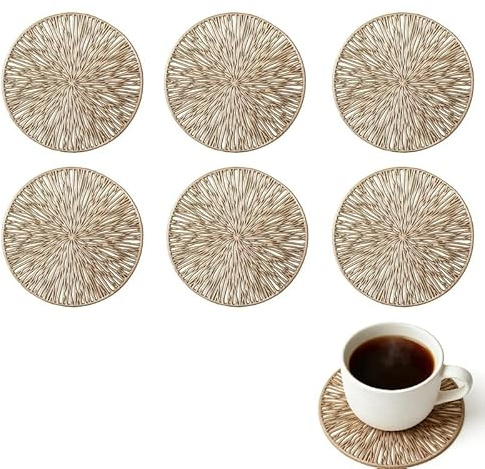 Satiskid Coasters Set of 6 Gold Round PVC Drink Coaster Set, Reusable Cup Coaster for Cold Drinks and Hot Beverages, Non-Slip Outdoor Beer Coffee Mats for Home Bar Patio Table