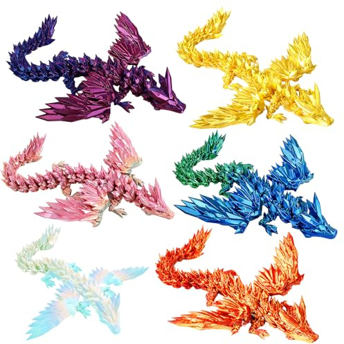 6PCS 3D Printed Dragon with Wings, 3D Printed Dragon, Six Vibrant Colours for Home Decor, 5.9Inch Wingspan Articulated Figures in Purple Red Green Candy Glow Rainbow Gold