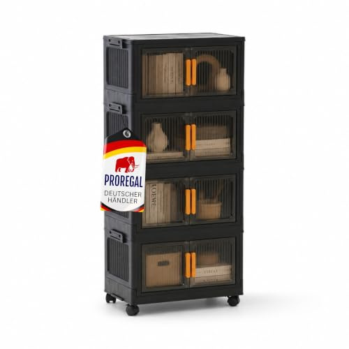 PROREGAL Aufbewahrungsboxen 4 Ebenen, 19 L, Schwarz-Transparent, Stapelboxen mit 1 Deckel, stapelbar, faltbar, mit transparenten Türen, magnetischen Türen, auf Rollen, Bodenverstärkung, rutschfest