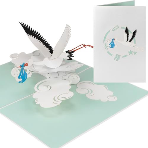Sweetpopup® Baby 3D Pop Up Karte Glückwunschkarte Geschenkkarte Grußkarte Glückwunsch Junge | Premium Metallic-Papier & Filigran Handgefertigt | Storche & Baby, 053