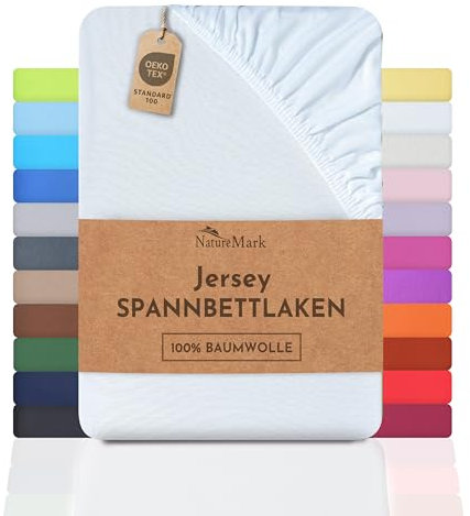 NatureMark Jersey Spannbettlaken, Spannbetttuch 100% Baumwolle in vielen Größen und Farben MARKENQUALITÄT ÖKOTEX Standard 100 | 90 x 200 cm - 100 x 200 cm - weiß
