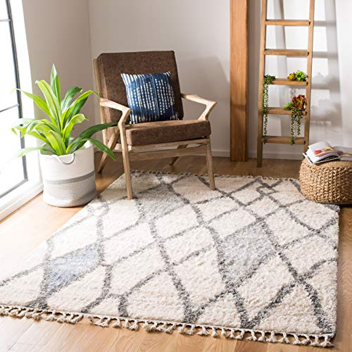 SAFAVIEH Zottelig Teppich für Wohnzimmer, Esszimmer, Schlafzimmer - Berber Fringe Shag Collection, Kurzer Flor, Creme und Blau, 160 X 229 cm