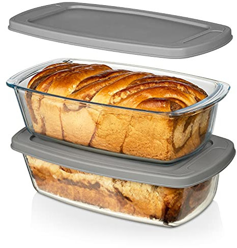 LARGE Superior Glass 7.6 Cups/ 1800ML/1.9Qt Razab (Set of 2) Glass Loaf Pan w/Lids - Meatloaf Pan Airtight BPA free - Easy Grip Handle, Microwave & Oven Safe - Loaf PansBaking Bread, Cakes etc, Gray