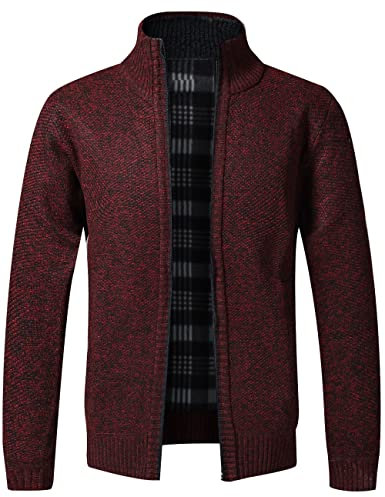 Pinkpum Strickjacke Herren Fleecejacke Sweatjacke Mit Reißverschluss Trachtenjacke, Gestrickt Cardigan Herren Wintermantel Bordeaux rot L
