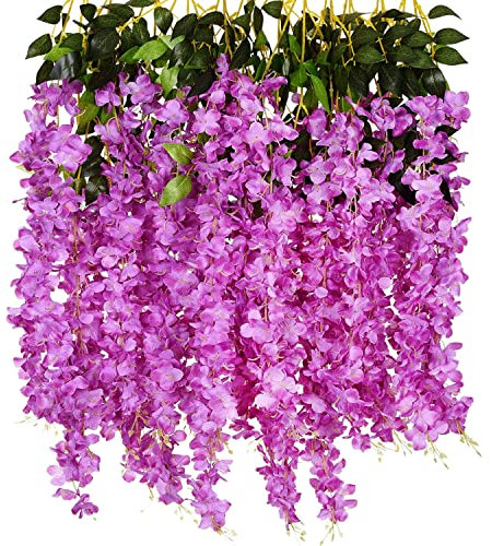 NITAIUN 12 Piezas Artificiales Flores Wisteria Artificiales de Glicina Falsas Planta de Guirnalda Glicina Artificial para Boda Arco Fiesta Hogar Jardín Hotel Decoración 110CM (Púrpura)